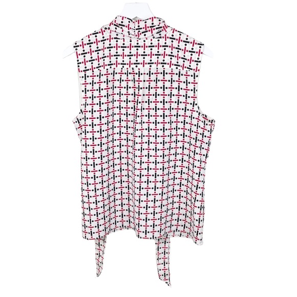 Talbots White Button Front Tie Neck Geometric Printed Blouse Women's Size 14 - Picture 2 of 9